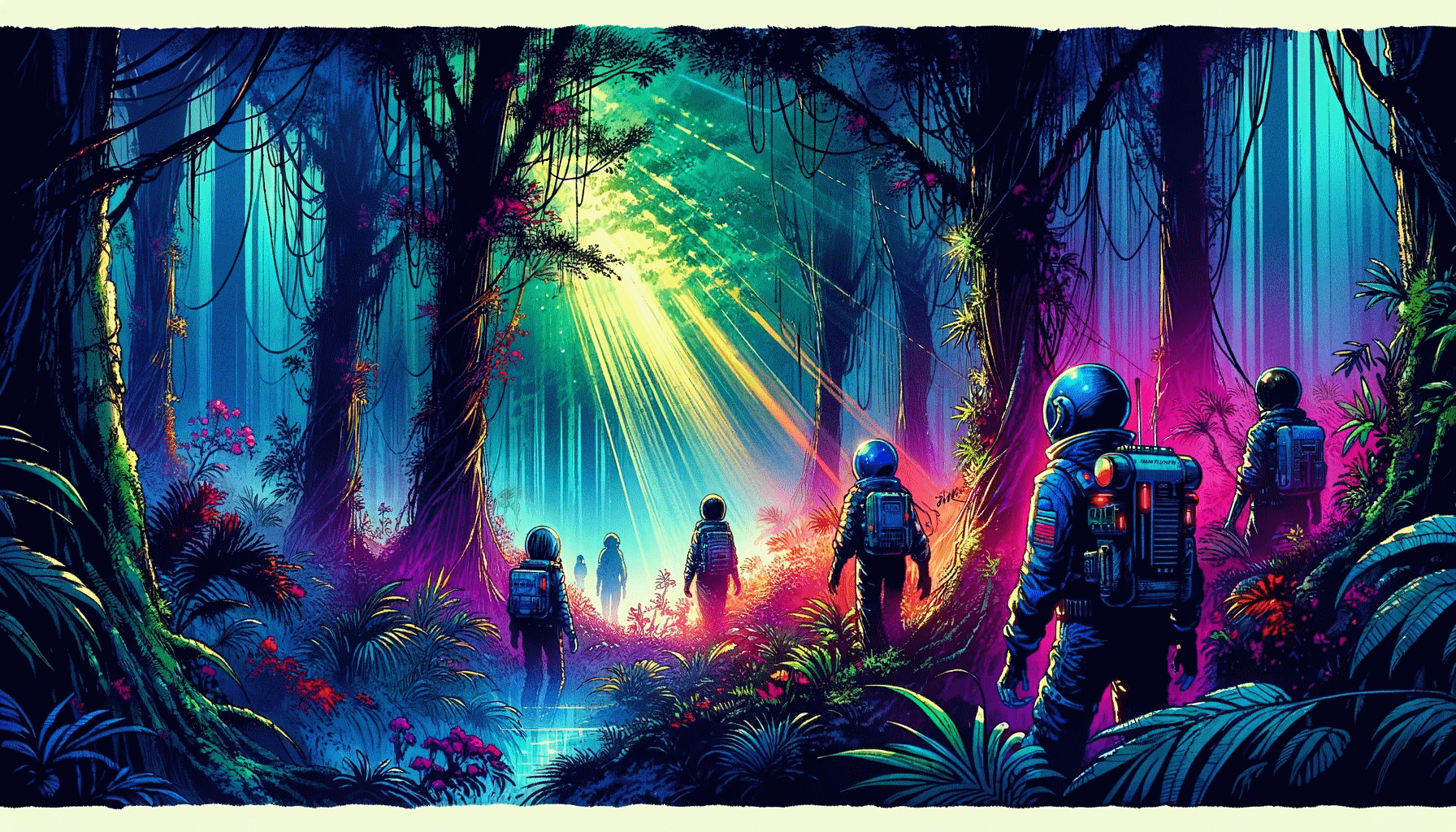 [Wizualna reprezentacja grupy astronautów w dziwnym lesie]