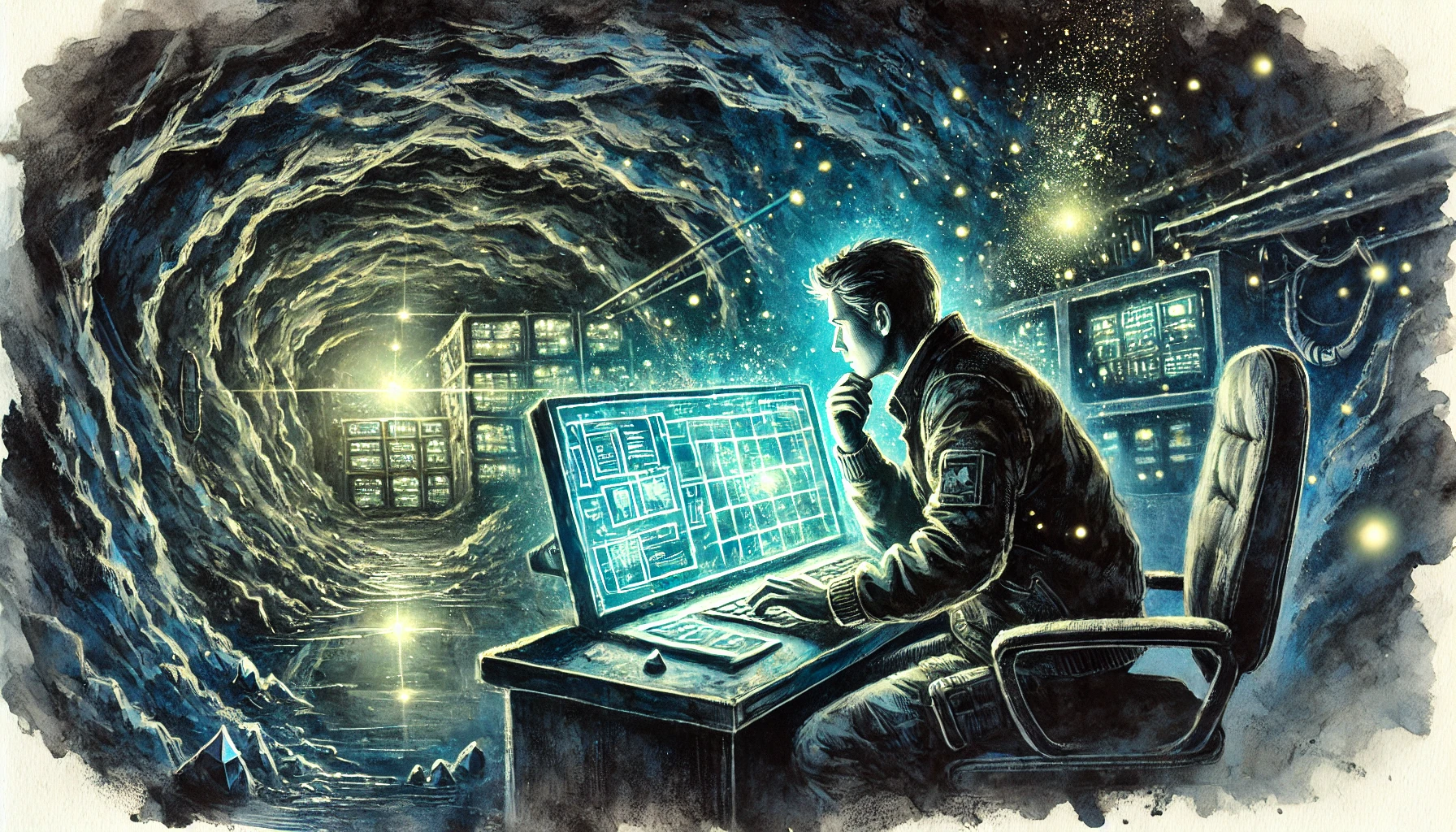 [Human working with a futuristic computer deep in a dark mine]