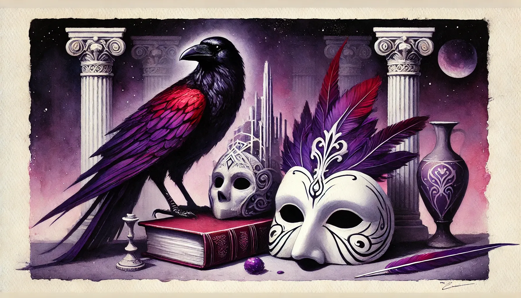 [Energia Lacrimor, fioletowo-czerwony kruk z białą maską]