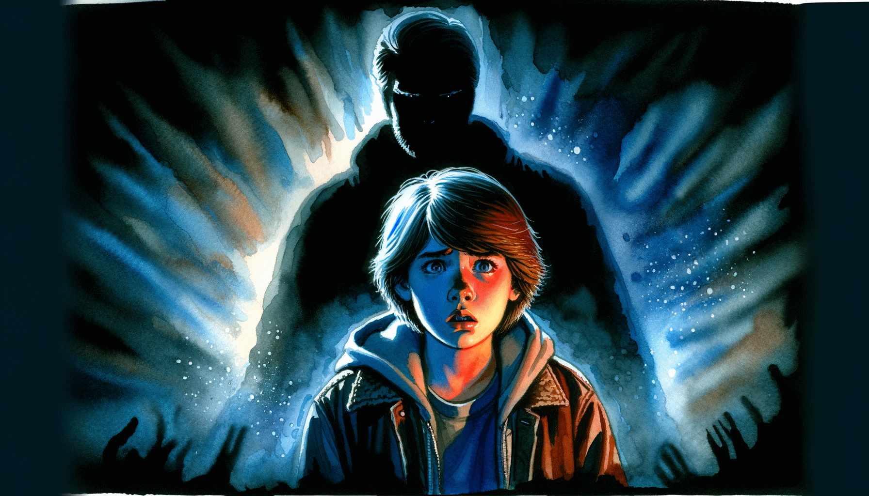 [Scared teenage girl looking at something frightening, with a looming shadowy figure of her brother behind her (Dall-E)]