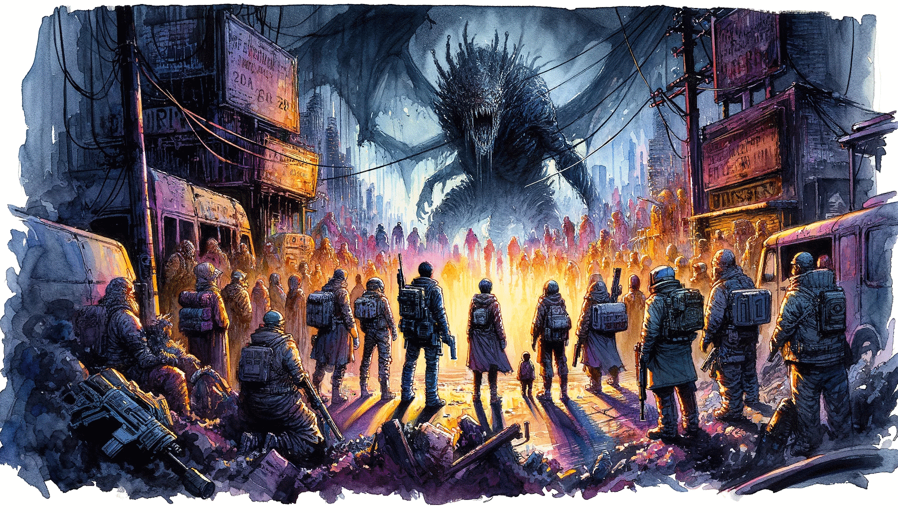 [People standing together against monstrous threats (Dall-E)]