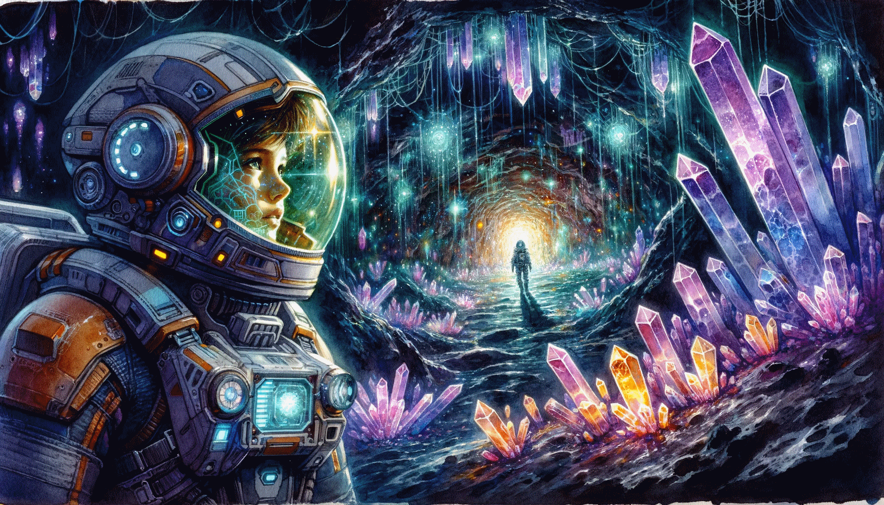 [Young adult space explorer entering the unknown cave on the moon full of wonders and magic (Dall-E)]