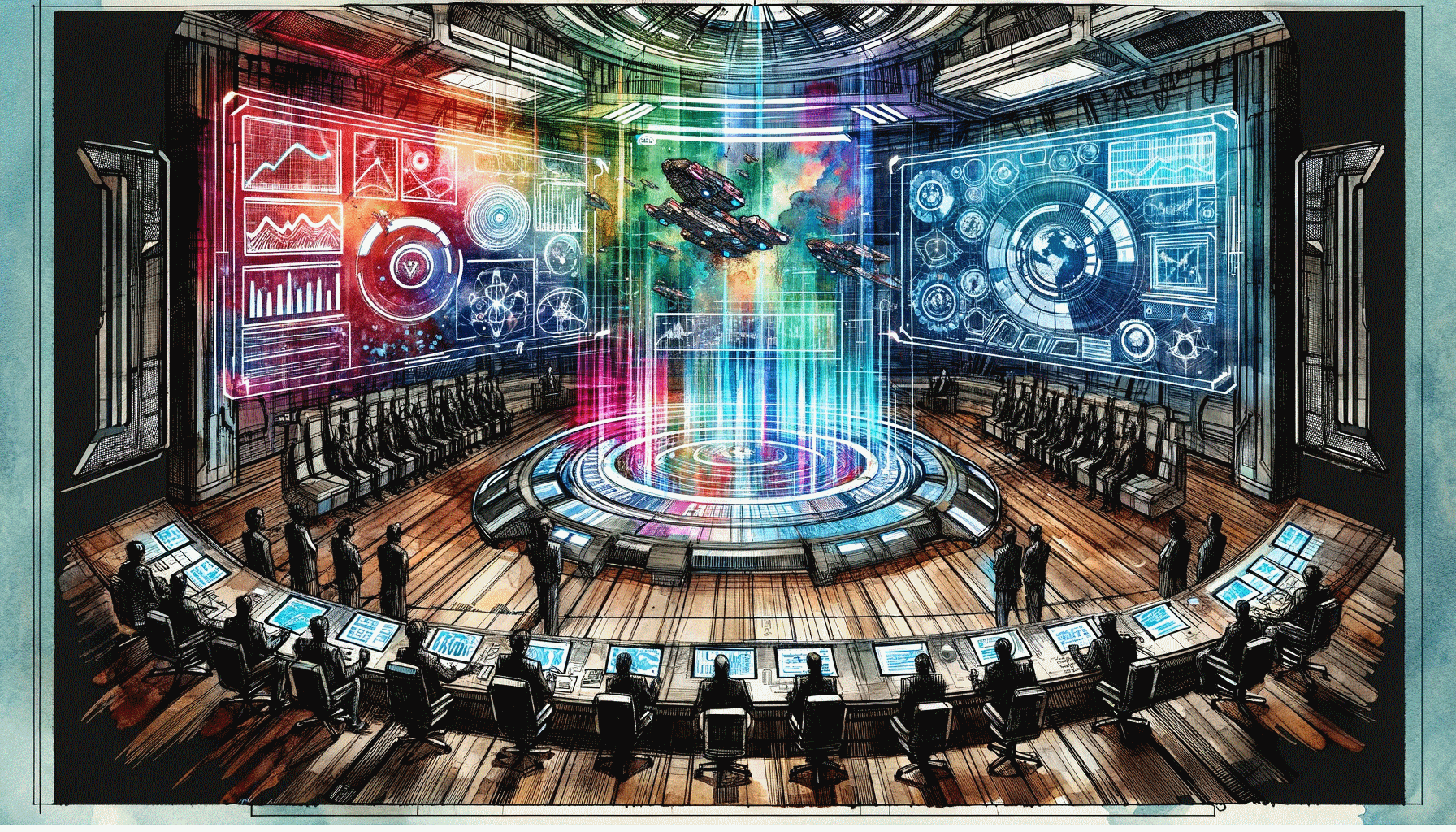 [Image depicting a complex holographic simulation with multiple graphs (Dall-E)]