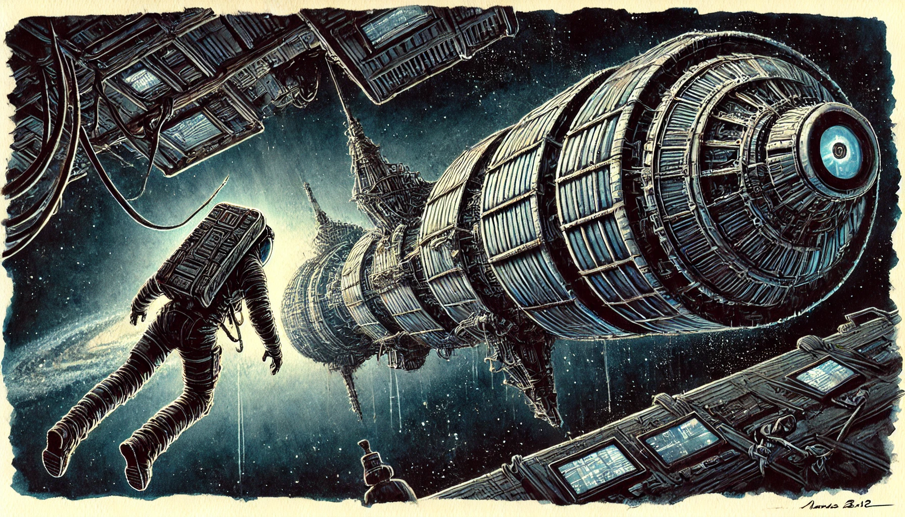 [Intruzja; postać wchodzi przez śluzę na statek kosmiczny (Dall-E)]