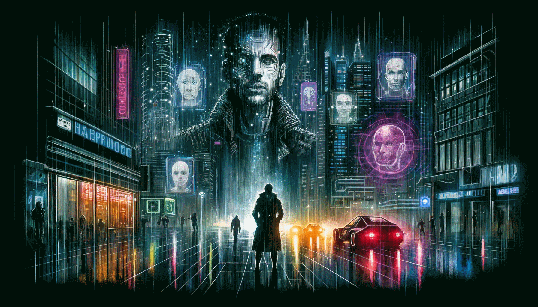 [Neon lights, holographic images, and contemplative detective figure]