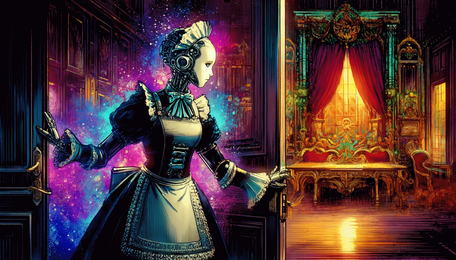 [Android maid przechodzi przez drzwi (Dall-E)