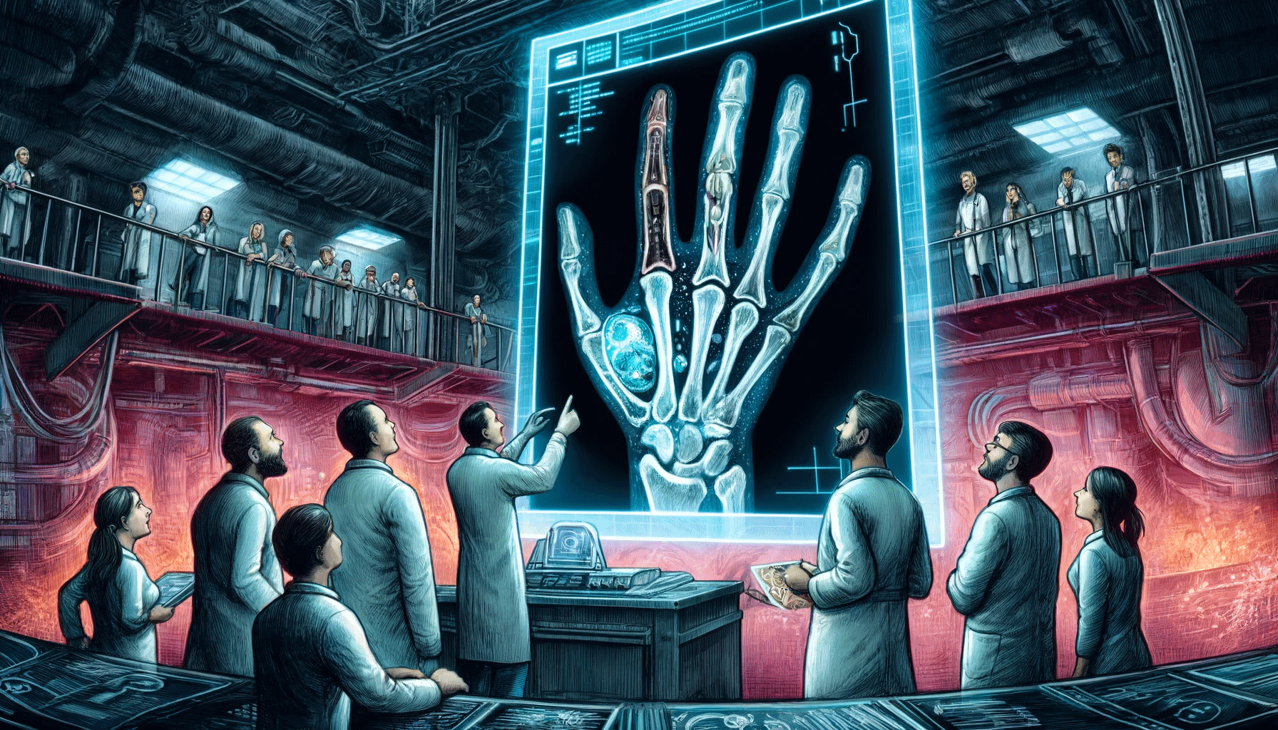 [An x-ray of a hand that has been partially replaced (Dall-E)]