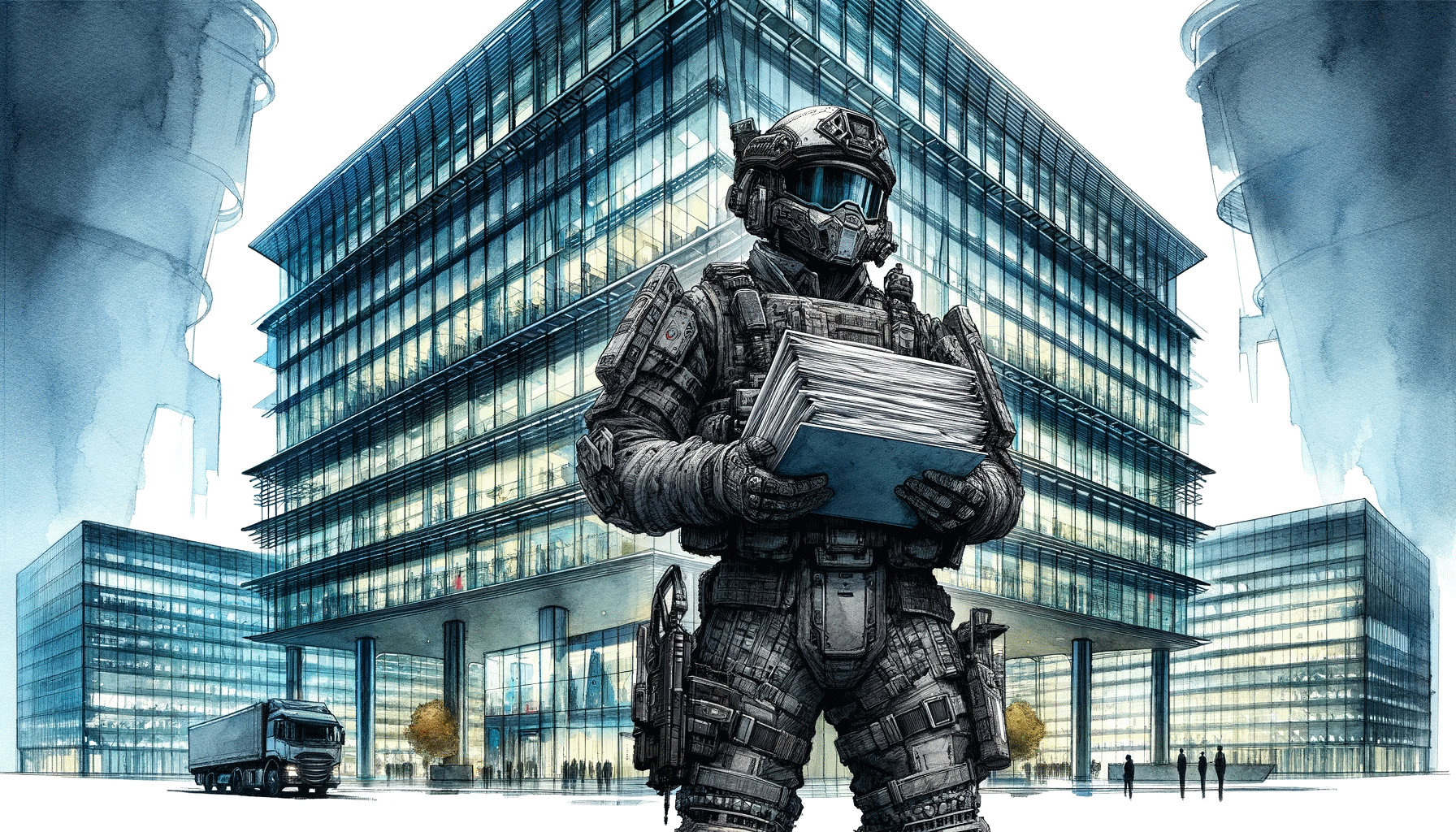 [Wizualna reprezentacja żołnierza trzymającego papiery]