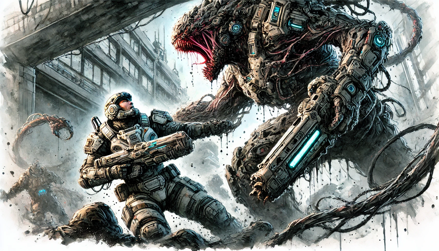 [Solutor protects innocents from an ixion terrorform]