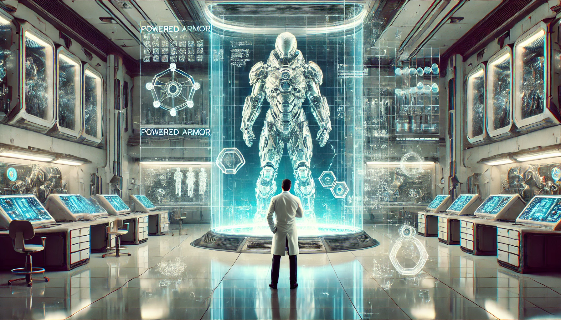 [an engineer working with a holographic prototype of powered armor]