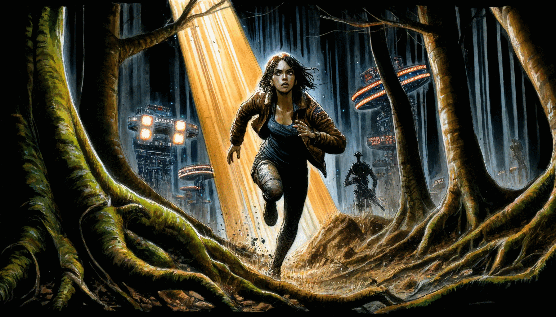 [Młoda krupierka ucieka przez las przed pościgiem (Dall-E)]